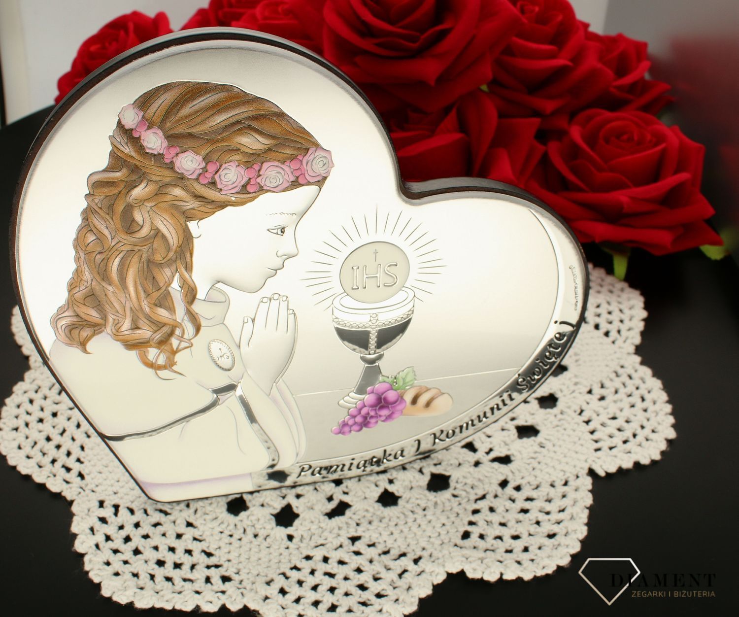 Obrazek srebrny Pierwsza Komunia Święta dla dziewczynki duży kolorowy 6800.3A COL. Pamiątka I komunii świętej. Prezent na komunię dla dziewczynki. Srebrny obrazek z grawerem..jpg